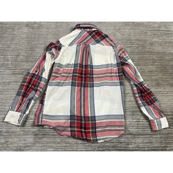 Arizona Top Womens Small Multicolor Plaid Metallic Snap Up Roll Tab Long Sleeve - Picture 7 of 12